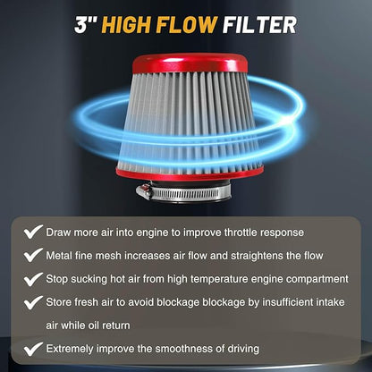 3" 76mm Universal High Flow Cold Air Intake Air Filter Upgraded Stainless Steel Cone Filter(Red)