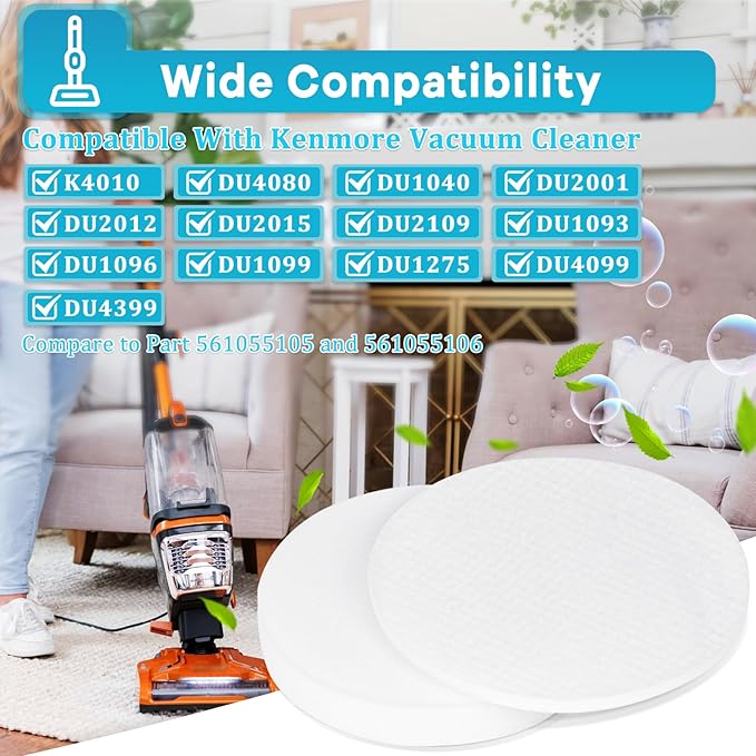 DU4080 K4010 Vacuum filters for Kenmore Upright Cleaner DU2001 DU2012 DU2015 DU1040 DU1275, 4 Foam & 4 Felt Filters Replacement Part 561055105 and 561055106