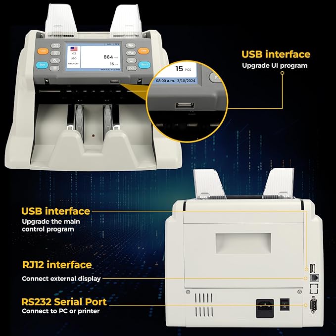 RIBAO MC-40 Mixed Denomination Money Counter, Business Grade Cash Counting Machine, CIS/UV/MT Counterfeit Detection, Muti Currency Bill Counter Printer Compatible Value Count
