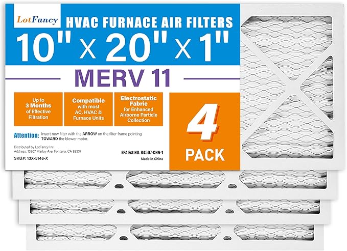 LotFancy 10x20x1 Air Filter MERV 11 4-Pack, Electrostatic Pleated AC Furnace Air Filter, Captures Dust, Smog & Pet Dander, Actual Size: 9.75"x19.75"x0.75"