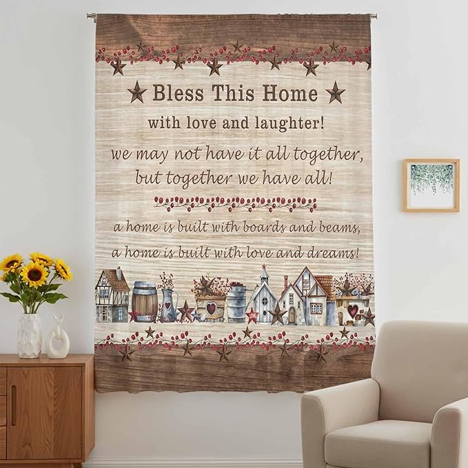 Farmhouse Sheer Curtains 72 Inch Length Brown Country Star Berry Vintage Wood Grain Chiffon Curtain for Bedroom Living Room Light Filtering Rod Pocket Window Treatments Voile Curtains Drapes