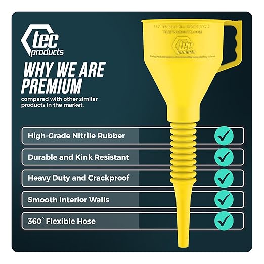 TEC Products FlexAll Long Flexible Funnels - Automotive Oil Funnel with Hose, Durable Nitrile Rubber for Oil Change, Transmission Funnel Fluid, Diesel, Fuel, Gas - Made in USA - Yellow (12 x 4 Inches)