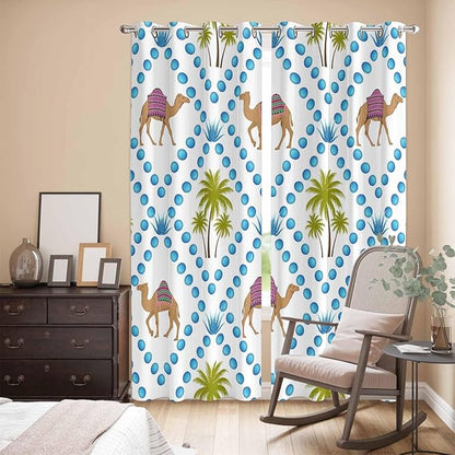 2 Panel Kitchen Cafe Curtains, Camels Palm Trees Sunlight Filtering Nature Air Through, Home Decor Window Covering Tier Curtains for Living Room 104W x 96L inch Tropical Desert Animal Plants Polka Dot