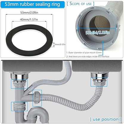 6PCS Sealing Ring for Kitchen Sink Filter, Flat Rubber Gasket for Drain Pipe, Gasket for Waste Pipe, 2.09-inch Drain Pipe, Siphon Pipe for Sink Odor Collector, 53mm Inclined Sliding Joint Rubber Ring