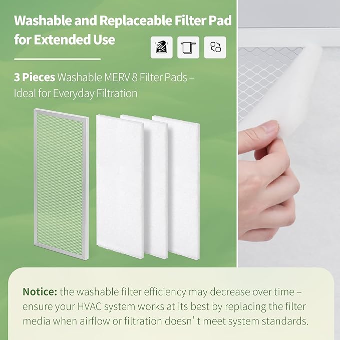 14x30x1 Reusable Air Filter MERV 8 Washable Furnace & AC Filter with 2 Extra Media Pads, Aluminum Electrostatic Air Filters for Home, Fits HVAC System, Air Conditioner, Air Handler