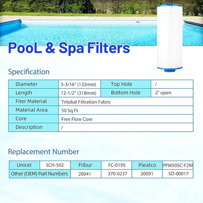 HANXER® PPM50SC-F2M Spa Filter Cartridge Replaces for 5CH-502, Filbur FC-0195, Marquis Spa 20041, 20091, Cal Spa 370-0237, C-5303, 50501, 2" Male Thread/MPT Hot Tub Filter, 50 sq.ft Spa Filter, 2 Pack