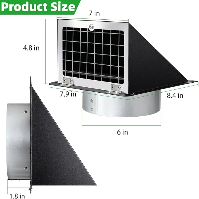 6 Inch Hooded Wall Vent with Mesh and Damper,6'' Exhaust Vent Cover,6in Dryer Vent Cover Outside Metal Wall Exhaust Duct Cap for Kitchen Range Hood/Bathroom Exhaust/Laundry-Galvanized Steel,Black