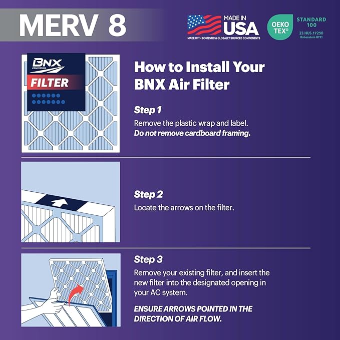 BNX TruFilter 16x24x1 Air Filter MERV 8 (12-Pack) - MADE IN USA – Dust & Pet Defense Pleated Air Conditioner HVAC AC Furnace Filters for Dust, Pet, Mold, Pollen MPR 600 – 700 & FPR 5