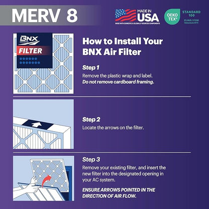 BNX TruFilter 16x24x1 Air Filter MERV 8 (12-Pack) - MADE IN USA – Dust & Pet Defense Pleated Air Conditioner HVAC AC Furnace Filters for Dust, Pet, Mold, Pollen MPR 600 – 700 & FPR 5