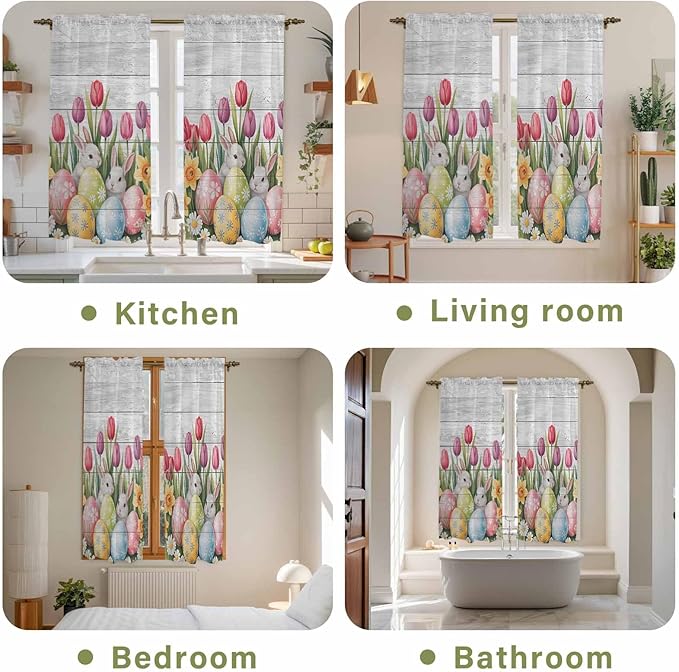 Easter Window Curtains 63 Inch Long 2 Panel Set, Rod Pocket Bedroom Curtains & Drapes, Retro Spring Bunny Eggs Tulip Farm Wooden Grain Light Filtering Window Treatment for Living Room 42"W x 63"L