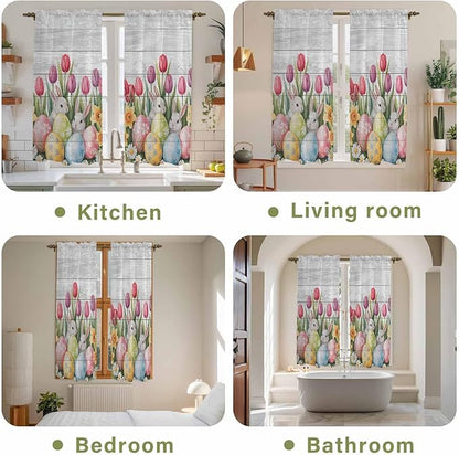 Easter Window Curtains 63 Inch Long 2 Panel Set, Rod Pocket Bedroom Curtains & Drapes, Retro Spring Bunny Eggs Tulip Farm Wooden Grain Light Filtering Window Treatment for Living Room 42"W x 63"L