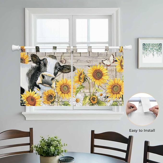 Yellow Sunflowers Kitchen Curtains 36 Inch Length, Small Window Curtains Tab Top, Farmhouse Cow Barn Doors Floral Butterfly Light Filtering Short Window Treatments Tier Drapes 27.5"x36" 2 Panel