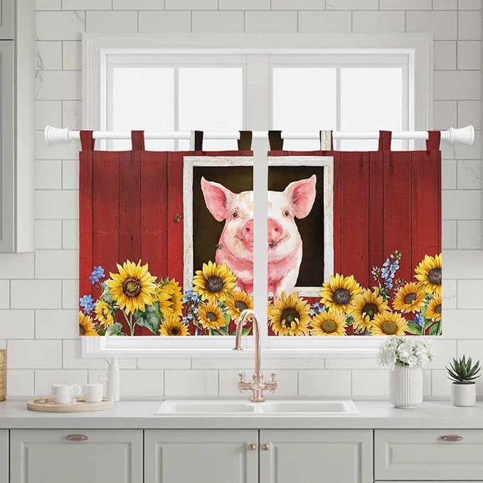 Pigs Sunflowers Kitchen Curtains 36 Inch Length, Small Window Curtains Tab Top, Farmhouse Red Barn Flowers Animals Light Filtering Short Window Treatments Tier Drapes 27.5"x36" 2 Panel