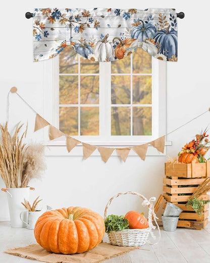 Thanksgiving Pumpkin Tie Up Valance Curtains for Windows, Kitchen Curtains Window Shades, Fall Maple Leaf Daisy Wooden Grain Light Filter Roman Curtain Valances for Bedroom/Bathroom/Cafe 42'' x 18''