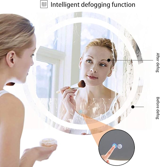 Illuminated Bathroom Mirror 800 x 800 MM Round LED Wall Mounted Vanity Mirror with Touch Sensor and Demister Pad Anti -Fog Makeup Mirror for Home Hotel IP44 Rated