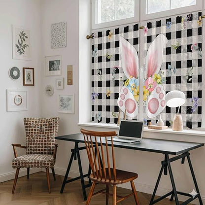 Easter Kitchen Tier Curtains 45 Inch Long 2 Panel Set,Rod Pocket Short Window Treatment,Spring Rabbits Ears Feet Wildflowers Black Plaid Light Filtering Curtains & Drapes for Bathroom 27.5"W x 45"L