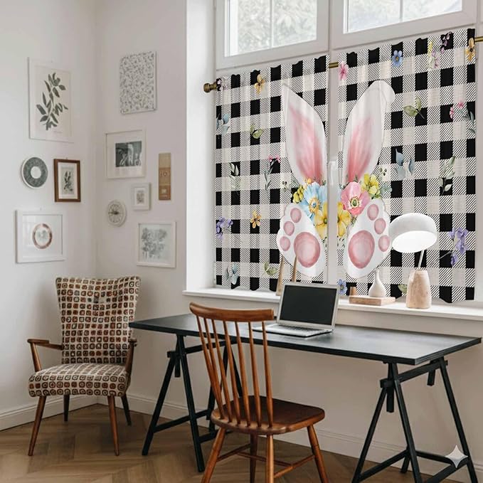 Easter Kitchen Curtains 54 Inch Long 2 Panel Set, Rod Pocket Window Curtains Panels, Spring Rabbits Ears Feet Wildflowers Black Plaid Light Filtering Drapery Draperies for Bathroom Bedroom 52"W x 54"L
