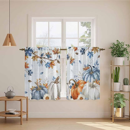 Fall Blue Maple Kitchen Curtains 54 Inch Long 2 Panel Set,Rod Pocket Window Curtains Panels,Thanksgiving Pumpkins Daisy Country Leaves Light Filtering Privacy Draperies for Bedroom Laundry 42"W x 54"L