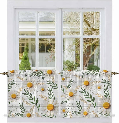 Spring Daisy Tier Curtains, Farmhouse Country Flower Leaf Plant Wood Grain Light Filtering Kitchen Curtains, 2Pcs Rod Pocket Half Window Treatments Panels for Sink Cafe Cabinet Camper 27.5x36 Inches