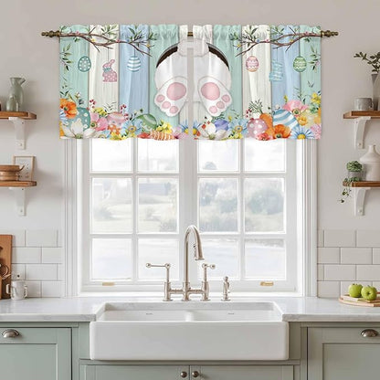 Easter Kitchen Tier Curtains 24 Inch Long 2 Panel Set,Rod Pocket Cafe Small Window Curtains Over Sink,Spring Watercolor Bunny Eggs Wood Grain Teal Blue Light Filtering Short Drapes 27.5"W x 24"L