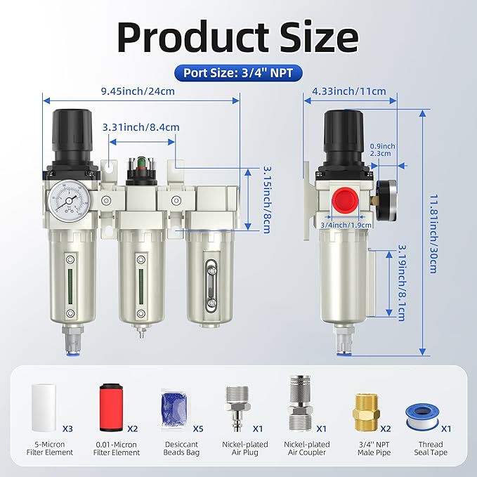 3/4" NPT Air Compressor Water Separator, Industrial Grade 3 Stage Air Drying System with 0-240 PSI Air Regulator, Particulate Filter, Coalescing Filter, Desiccant Dryer, Metal Bowl, Auto Drain