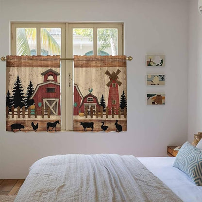 Brown Farmhouse Tier Curtains, Vintage Country Animals Wooden Grain Light Filtering Kitchen Curtains, 2Pcs Rod Pocket Half Window Treatments Panels for Sink Cafe Cabinet Basement 27.5x45 Inches