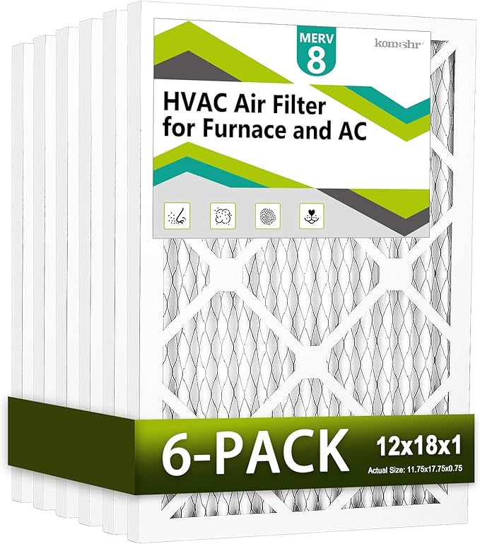 12x18x1 Air Filter MERV 8 (6-Pack), HVAC/Furnace AC Filter Replacement, Dust Defense–Comparable with MPR 600 & FPR 5 (Actual 11.75x17.75x0.75)