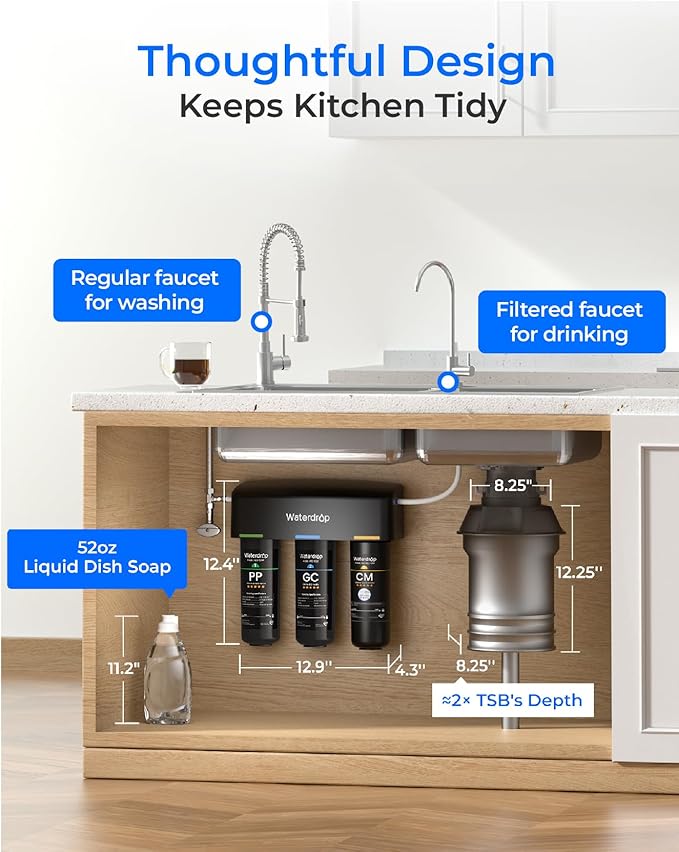 Waterdrop TSB-CM Under Sink Water Filter System Reduce Chloramine, Chlorine for CA, FL and Washington, D.C., Under Sink Water Filtration System with Brushed Nickel Faucet,NSF/ANSI 42 Certified Element