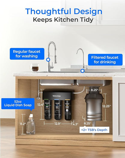 Waterdrop TSB-CM Under Sink Water Filter System Reduce Chloramine, Chlorine for CA, FL and Washington, D.C., Under Sink Water Filtration System with Brushed Nickel Faucet,NSF/ANSI 42 Certified Element