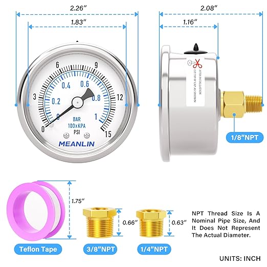 MEANLIN MEASURE 0~15Psi Dry Low Pressure Gauge Stainless Steel 1/8" NPT 2" FACE DIAL Waterproof for Water Oil Air Well Pump Tank Tire Pressure Test Back Mount, with 1/4" NPT and 3/8" NPT Hex Bushing
