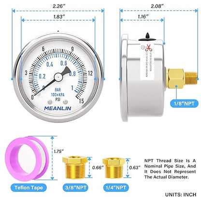 MEANLIN MEASURE 0~15Psi Dry Low Pressure Gauge Stainless Steel 1/8" NPT 2" FACE DIAL Waterproof for Water Oil Air Well Pump Tank Tire Pressure Test Back Mount, with 1/4" NPT and 3/8" NPT Hex Bushing