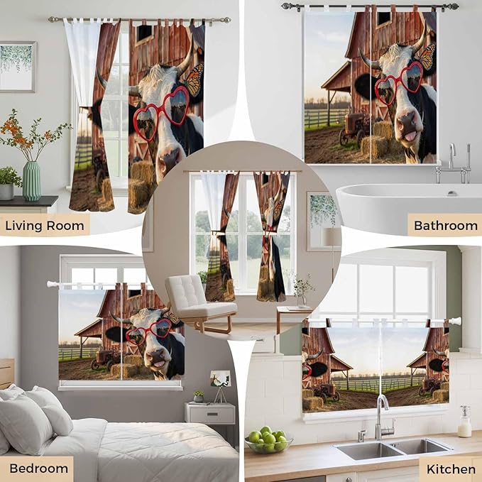 Farm Cows Living Room Curtains 96 Inch Length, Window Curtains Tab Top, Farmhouse Barn Funny Animals Butterfly Light Filtering Window Treatments Drapes 52"x96" 2 Panel
