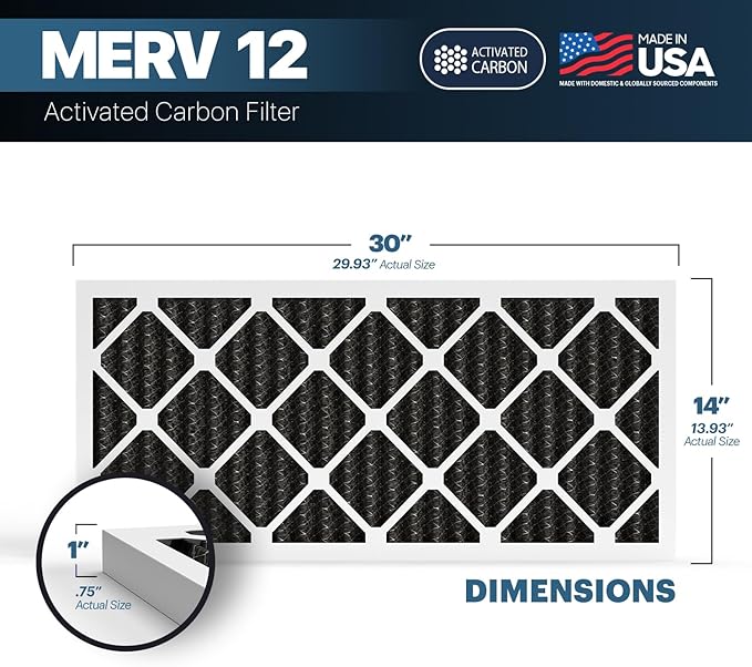 BNX TruFilter 14x30x1 MERV 12 Odor Defense (2-Pack) AC Furnace Air Filter with Activated Carbon - MADE IN USA - Pleated Air Conditioner HVAC AC Furnace Filters - Removes Odor, Mold, Bacteria, Smoke