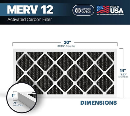BNX TruFilter 14x30x1 MERV 12 Odor Defense (2-Pack) AC Furnace Air Filter with Activated Carbon - MADE IN USA - Pleated Air Conditioner HVAC AC Furnace Filters - Removes Odor, Mold, Bacteria, Smoke