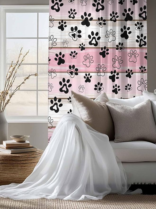 Sheer Curtains 63 Inch Length, Pink Beige Paw Print Semi Sheer Curtains Light Filtering Window Treatment, Vintage Farmhouse Country Wooden Grain Privacy Voile Drapes for Living Room Bedroom 52x63 Inch