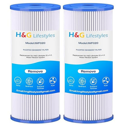 H&G Lifestyles Pleated Sediment Water Filter for Well Water, 5 Micron 10 X 4.5 Whole House Water Filters, Compatible with 84637, WPX5BB97P, PC10, 355214-45, 355215-45, WP10BB97P, WP5BB97P