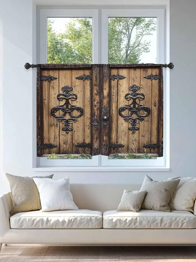 Sheer Curtains 54 Inch Length, Barn Door Semi Sheer Curtains Light Filtering Window Treatment, Farmhouse Wooden Grain Rustic Tribal Pattern Privacy Voile Drapes for Living Room Bedroom 52x54 Inch