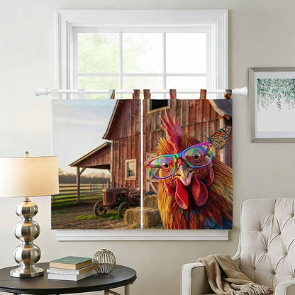 Farm Rooster Kitchen Curtains 45 Inch Length, Short Cafe Window Curtains Tab Top, Farmhouse Barn Funny Animals Butterfly Light Filtering Window Treatments Tier Drapes 27.5"x45" 2 Panel
