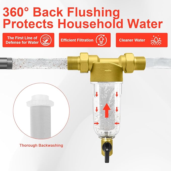 Spin Down Sediment Filter, Inline Water Filter for Home Well Water, 40/100/200 Micron Whole House Prefilter Filtration System, 1" MNPT + 3/4" FNPT + 3/4"MNPT, Lead-Free Brass