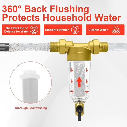 Spin Down Sediment Filter, Inline Water Filter for Home Well Water, 40/100/200 Micron Whole House Prefilter Filtration System, 1" MNPT + 3/4" FNPT + 3/4"MNPT, Lead-Free Brass