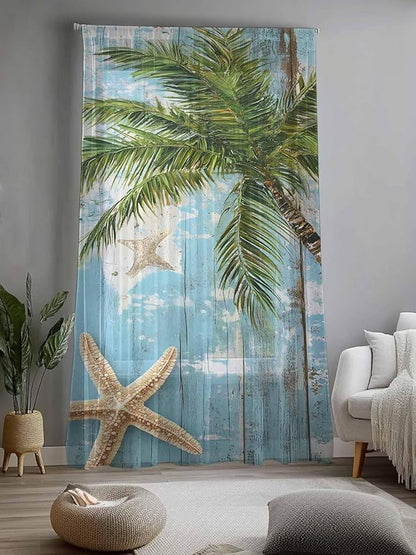 Sheer Curtains 84 Inches Long, Coastal Beach Blue Semi Sheer Curtains Light Filtering Window Treatment, Tropical Coconut Tree Vintage Wood Grain Privacy Voile Drapes for Living Room Bedroom 52x84 Inch