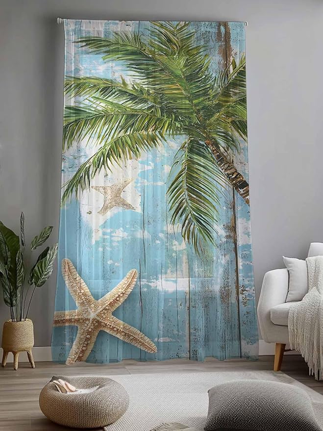 Sheer Curtains 96 Inches Long, Coastal Beach Blue Semi Sheer Curtains Light Filtering Window Treatment, Tropical Coconut Tree Vintage Wood Grain Privacy Voile Drapes for Living Room Bedroom 52x96 Inch
