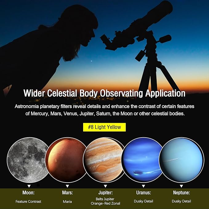 Astromania Telescope Filter, Planetary Filter with Metal Frame for Astronomical Telescope Eyepiece, 1.25 Inch Telescope #8 Yellow Color Filter for Enhancing Contrast in Lunar Planetary Observation