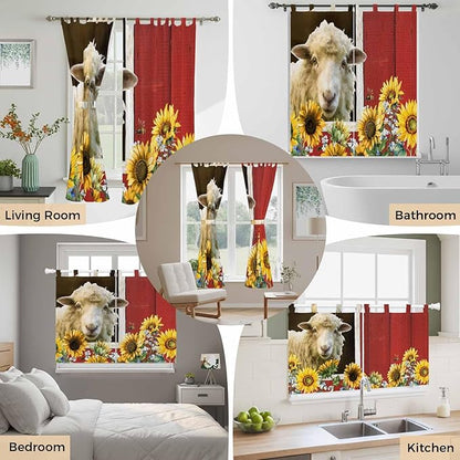 Sheep Flowers Bedroom Curtains 72 Inch Length, Window Curtains Tab Top, Country Red Barn Botanical Sunflowers Light Filtering Window Treatments Drapes 52"x72" 2 Panel