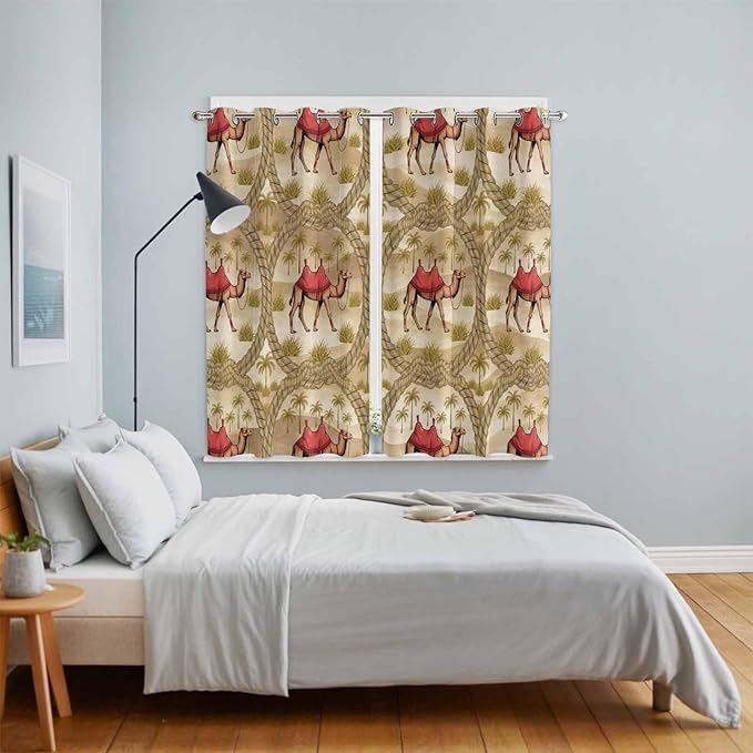 2 Panel Kitchen Cafe Curtains, Desert Camels Sunlight Filtering Nature Air Through, Home Decor Window Covering Tier Curtains for Living Room 104W x 84L inch Tropical Palm Trees Sand Cords Brown