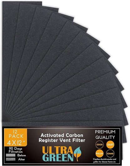 Carbon Filter 12 Pack 4" x 12" Activated Charcoal Air Vent Filters Premium Floor Pre-Filter Work in Indoor Home Purifier, Air Conditioner (12 Black)