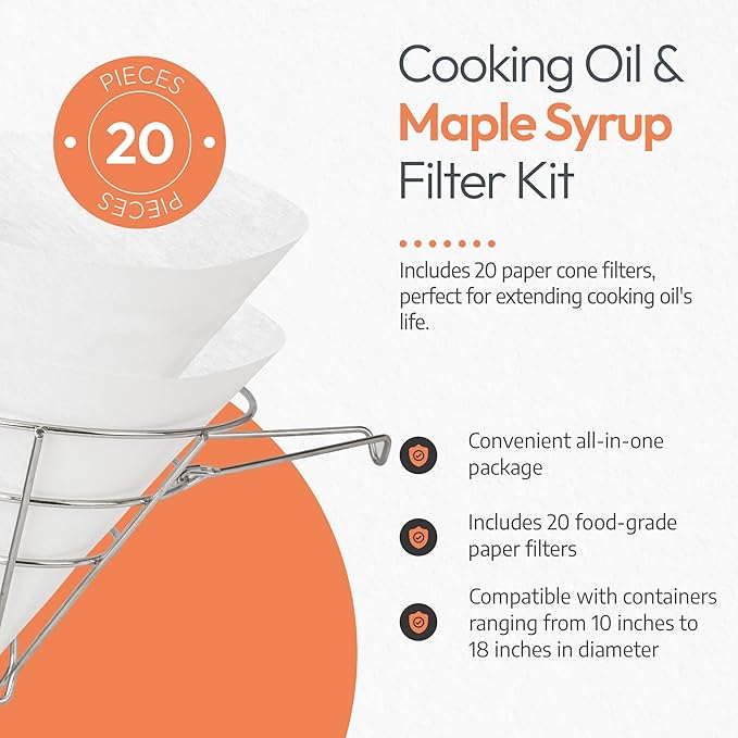 Cleaner Syrup, Better Filtration – Stainless Steel Cone Filter Holder with 20 Paper Filters | 10-Inch Cone Filters for Longer-Lasting Maple Syrup & Frying Oil