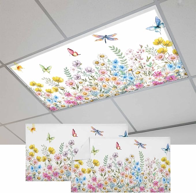 Fluorescent Light Covers for Ceiling Lights Spring Flowers Magnetic Light Filters 2 Pack 4x2 ft Daisy Butterflies Dragonfly Ceiling Lights Cover for Classroom Office School Home Drop Lamp Decor