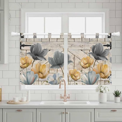 Spring Tulips Flower Kitchen Curtains 24 Inch Length, Small Window Curtains Tab Top, Vintage Floral Barn Doors Rustic Beige Light Filtering Short Window Treatments Tier Drapes 27.5"x24" 2 Panel