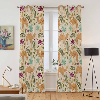 2 Panel Kitchen Cafe Curtains, Desert Camels Sunlight Filtering Nature Air Through, Home Decor Window Covering Tier Curtains for Living Room 104W x 96L inch Vintage Sand Animals Aloe Vera Leaves Beige